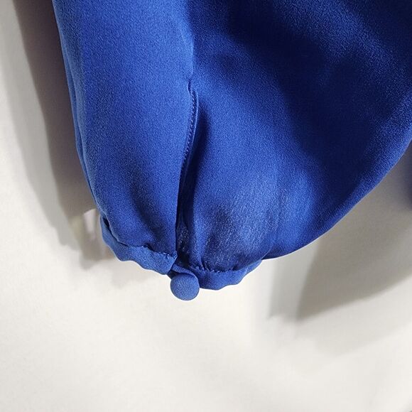 J Crew Womens Top Small Peasant Blouse Mini Pom Pom Trim Royal Blue 3/4 Sleeve - Picture 7 of 13